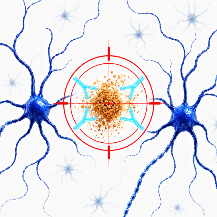 Tratamiento antiamiloide del Alzheimer en Granada: anticuerpos dirigidos contra una placa de beta-amiloide entre neuronas.